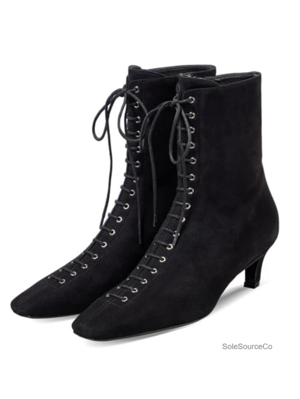 Kitten Heel Suede Lace Up Ankle Boots Square Toe Side Zip Booties